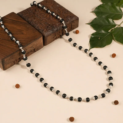 🔱 Divine Karungali Beads Mala — Silver-Capped Ebony