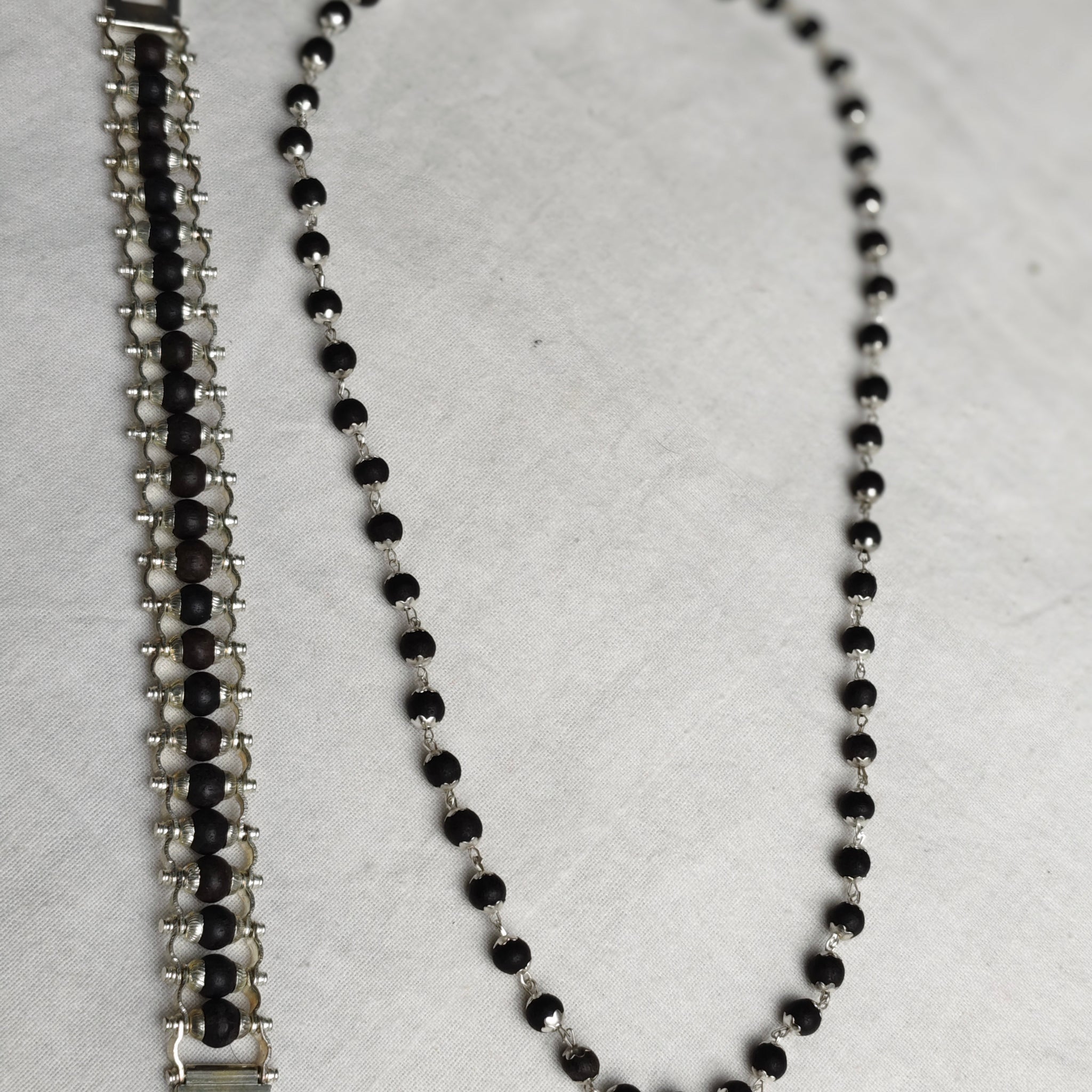 Karungali Shield Set – Mala & Bracelet Combo (Ebony Wood with Silver Finish)