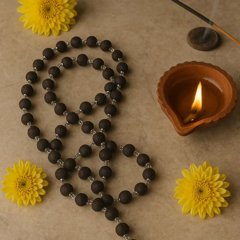 Divine Karungali Beads Mala — Silver-Capped Ebony